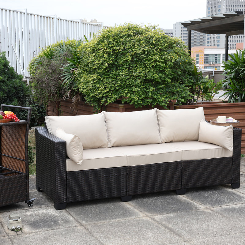 Ailina 79'' Wide Outdoor Wicker Patio Sofa with Anti-slip Cushions and Waterproof Cover, Khaki