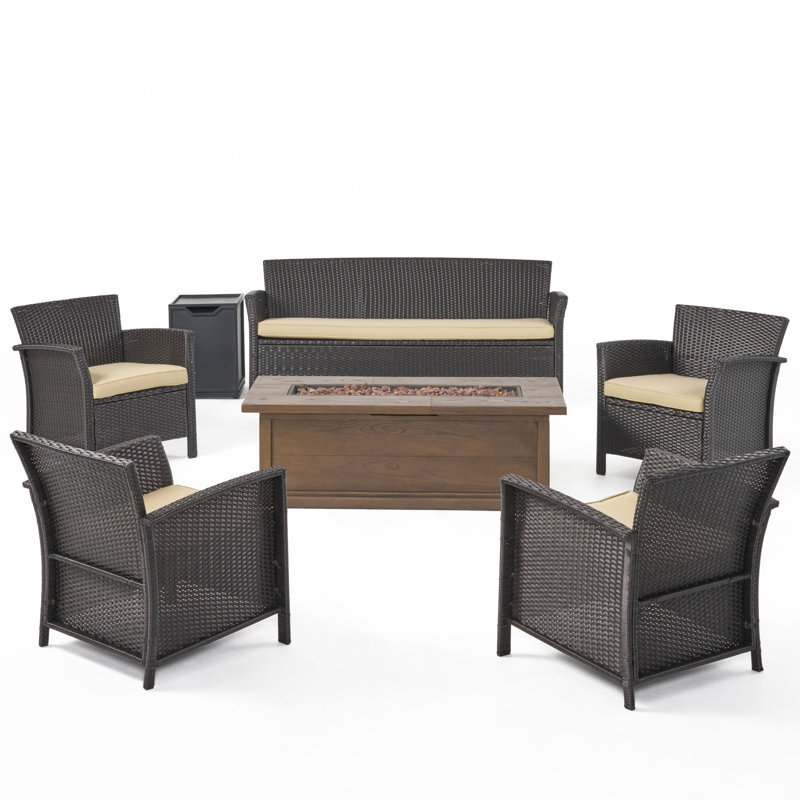 Bellissima 7 - Person Patio Conversation Set with Cushions, Brown Frame / Tan Cushion