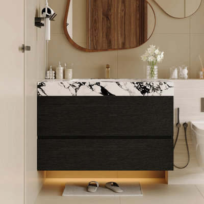 Meuble-lavabo flottant moderne 29,9 po avec comptoir en faux marbre et lavabo encastré en céramique, fixé au mur pour les petites salles de bain et les appartements