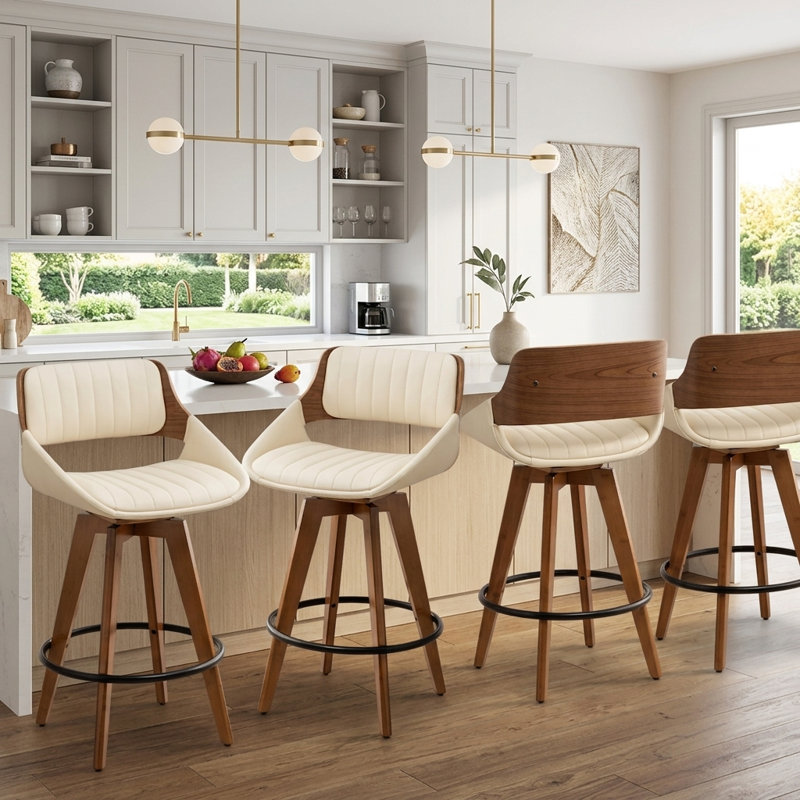 Jobani 19.1" W Faux Leather Swivel Upholstered Bar Stool with Solid Wood Frame (Set of 4) , Beige