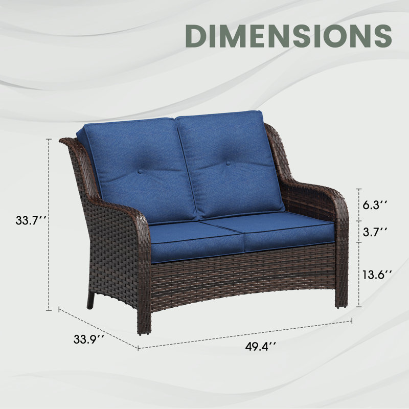 Patio Wicker Loveseat with Cushions, Slate Blue Cushion/Brown Frame