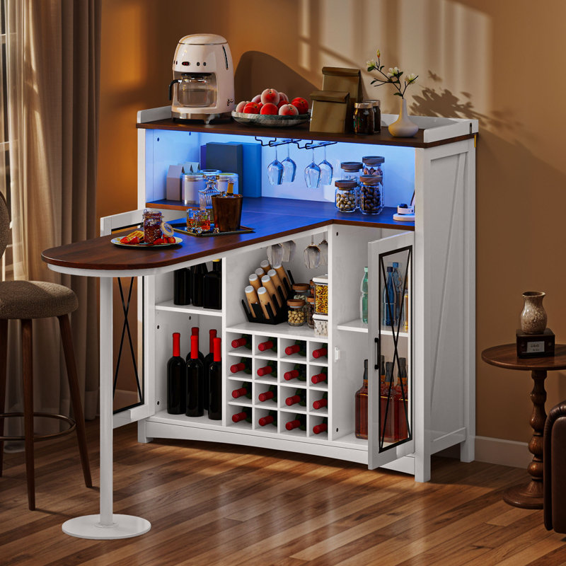  Armoire à vin avec prises de courant et lumières DEL, table de bar avec support en verre et tablettes réglables, 2 prises CA et 2 ports USB