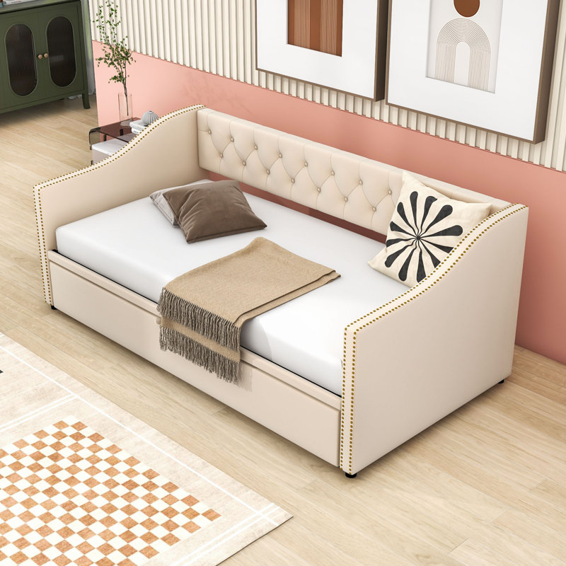 Lit de jour rembourré avec lit gigogne escamotable simple, conception peu encombrante, Beige