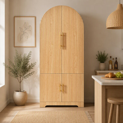 Armoire de cuisine de style campagnard avec arc cannelé, 8 portes, 3 tablettes réglables et tiroir dissimulé