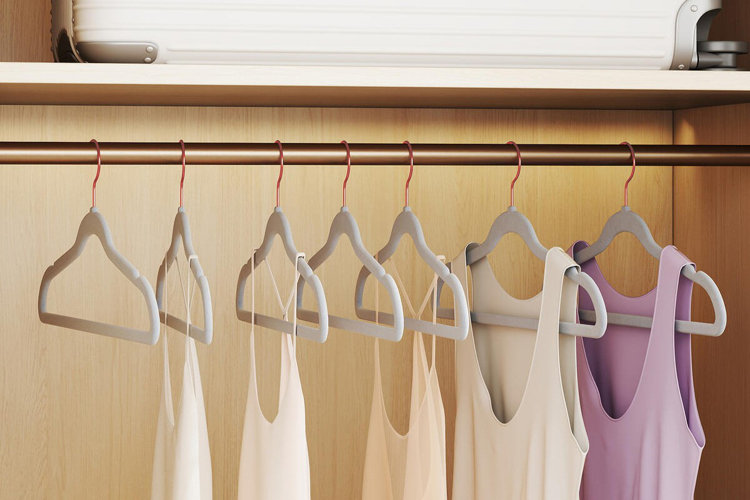 slim velvet hangers holding tank tops on a closet rod to save space and keep clothes neatly organized in a small closet