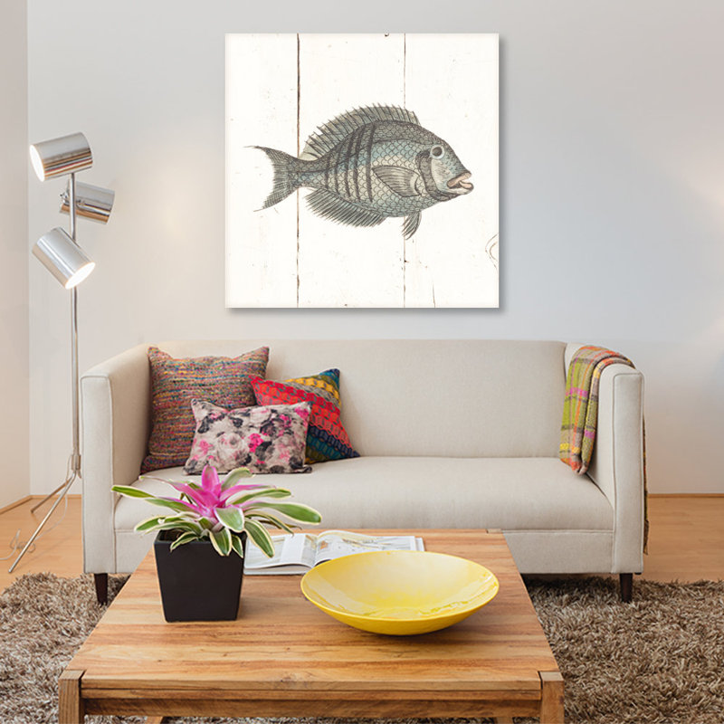 « fish sketchs i shiplap », impression sur toile, H 12 po x l 12 po x P 1,5 po, Toile tendue, Pas de tapis