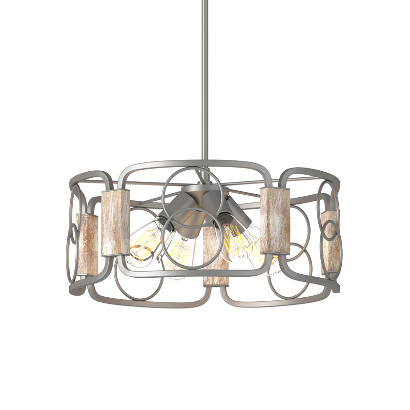 Modern Farmhouse Brushed Silver Gray and Distressed Wood Grain Drum Chandelier