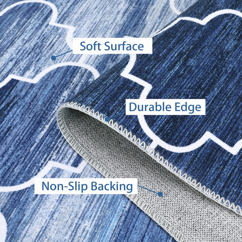 Tapis bleu en polyester tissé à la machine Pantilie, Rectangle 4 pi x 6 pi