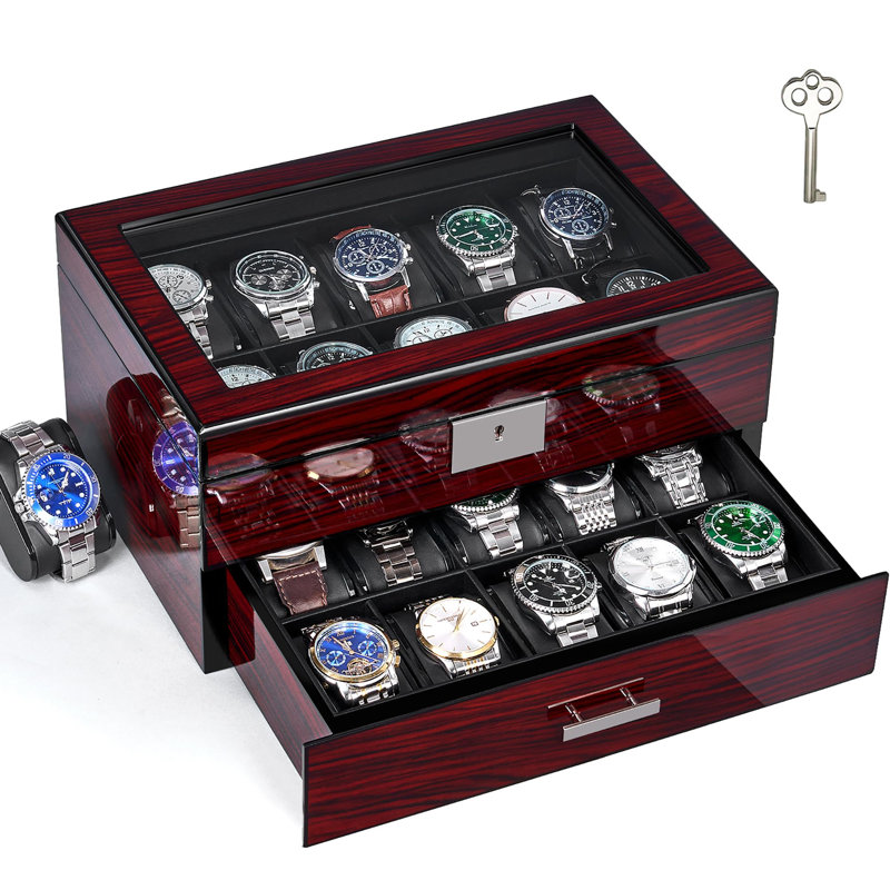 20 boîtes à montre avec grand couvercle en verre 2 niveaux