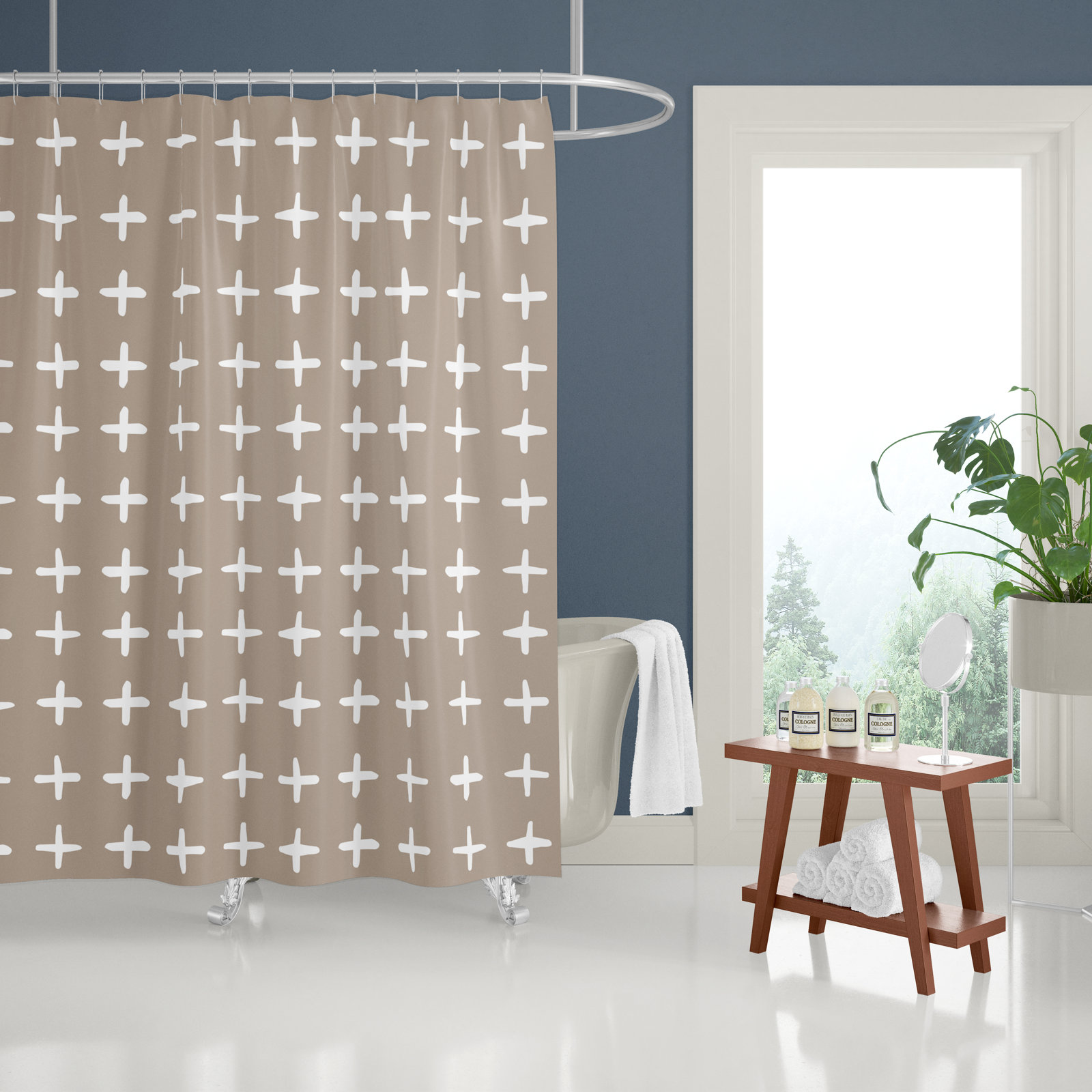 Polyester Shower Curtain, Beige/White