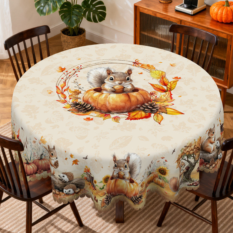 Machine-washable polyester tablecloth with autumn squirrel design
