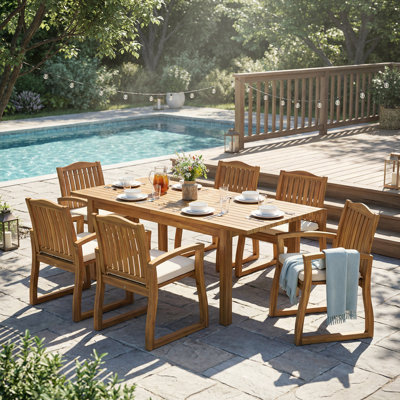 Ensemble repas d'extérieur 7 pièces en bois d'acacia avec coussins crème, design moderne pour la pelouse, la cour, le jardin, la terrasse et la piscine
