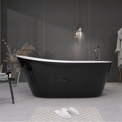 Acrylic Freestanding Soaking Bathtub 59'' x 29'' Single Slipper Stand Alone Bathroom Tub with Side Drain -  GETPRO, 59'' Slipper Glossy Black Tub