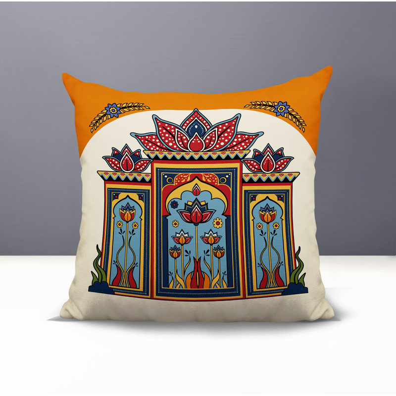 Coussin intérieur / extérieur Kimaya Lotus Arch, Orange / jaune / rouge / bleu, Carré 15 po