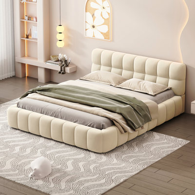 Queen Size Upholstered Platform Bed With Thick Fabric, Grounded Bed With Solid Frame, Beige