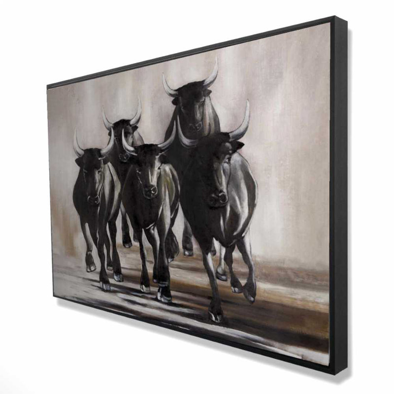 «Group of Running Bulls» - Toile avec cadre brun occidental | Décoration intérieure