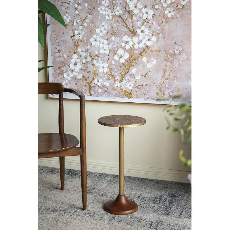 Table d'appoint mince en laiton 11,8 x 11,8 x 24 po avec plateau texturé doré et base en bois