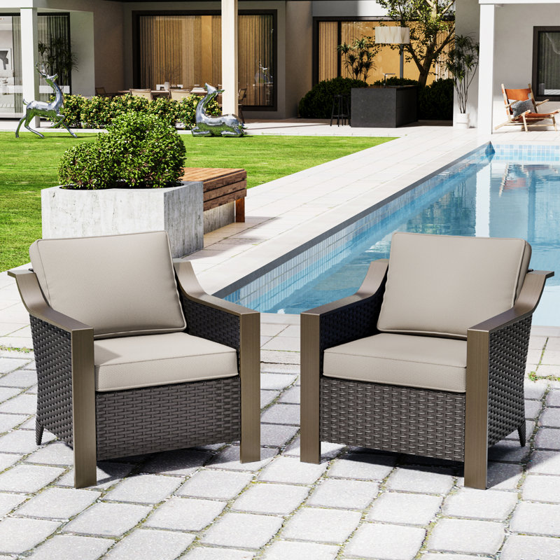 Polyethylene (PE) Wicker Wicker Outdoor Handrails Shaped Steel 2-Armrest Chairs Set with Beige Cushion, Beige