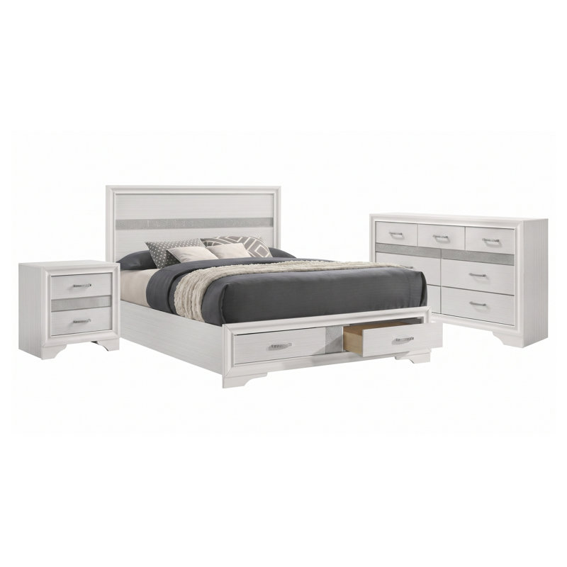 Ensemble de chambre à coucher Isadora blanc Queen 3 pièces avec tête de lit à panneaux, commode et table de chevet