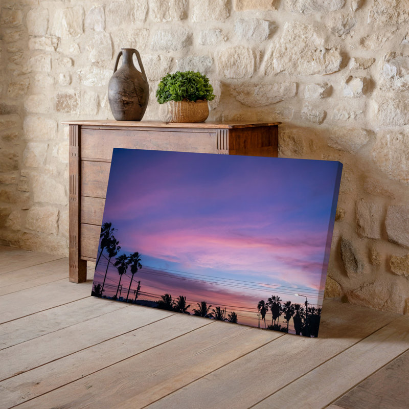 Toile, scène sereine de lever de soleil côtier avec un dégradé de ciel, art mural de lavande profonde à teintes de rose doux, reproduction d'art sur toile