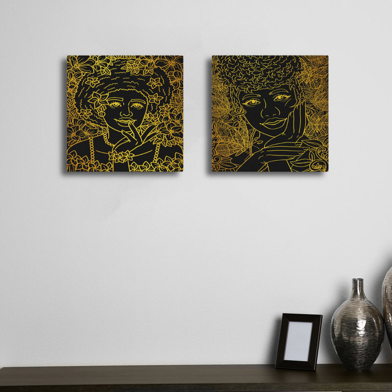 Elegant Decorative Canvas Painting (2 Pieces), Gold & Black, 19.7 x 19.7 inches Each | 100% Canvas with 100% Wooden Frame | Perfect for Living Room & Bedroom Decor, Stylish and Modern Artwork