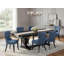 Cet ensemble de salle à manger moderne 7 pièces comprend une table de style Mid-Century et 6 chaises Parson en tissu de lin bleu avec dossier capitonné - Finition sable-719475442-724120402-724120403