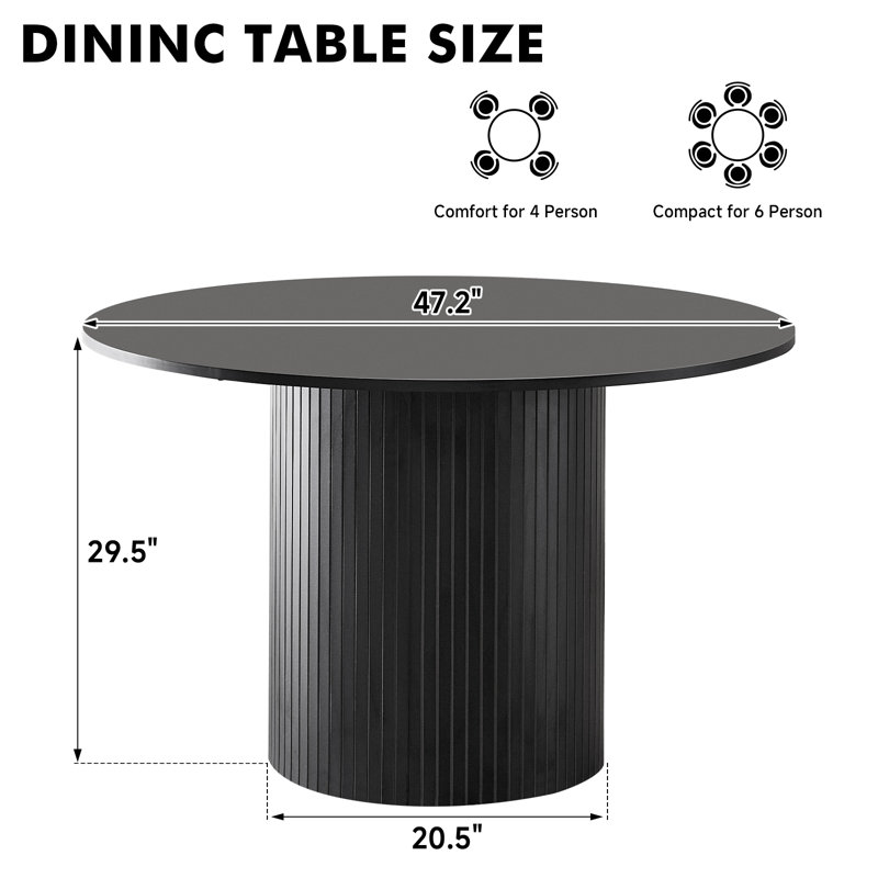 47” Round Dining Table for 4, Wood Farmhouse Kitchen Table Pedestal For Living Room, Dinner, Chamfered Edge, Black, Black