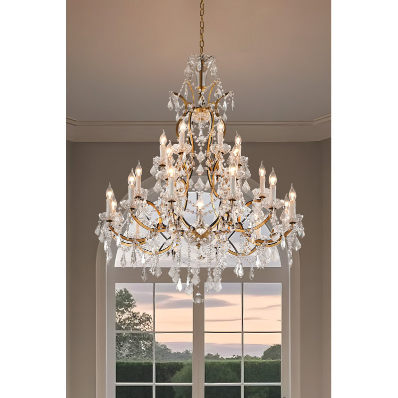 Lustre en cristal de style empire candélabre 18 lumières 32 po, Laiton brossé, 2 niveaux, H 86,2 po x l 32 po x P 32 po