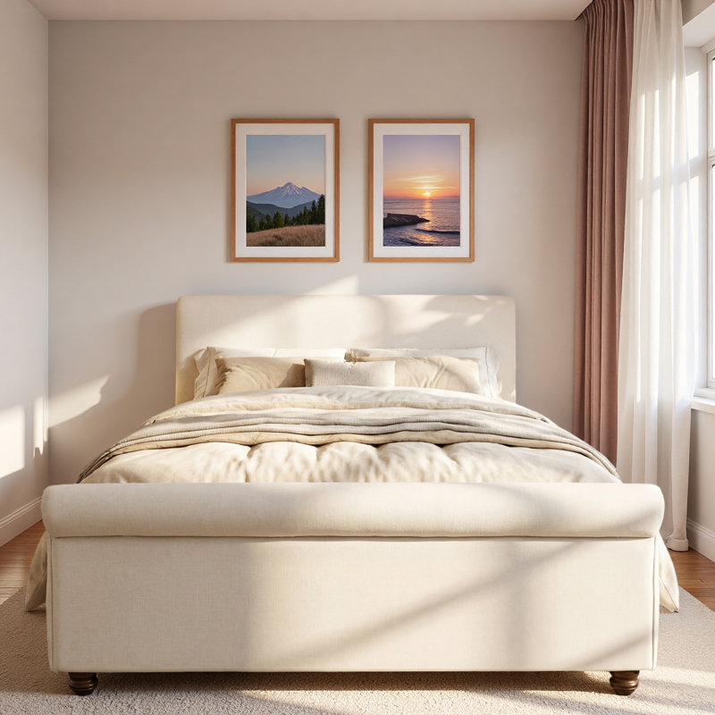 Lit rembourré avec bords roulés épais, pieds ovales à double couche rétro et tête de lit robuste, Grand lit, Beige