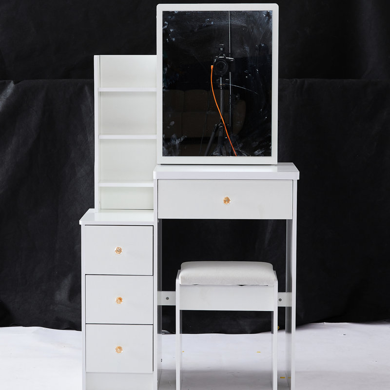 Small Space- Left Bedside Cabinet Vanity Table, With Padded Stool & Big Sliding Mirror, Multi-Layer Storage, Fashionable White Dresser For Compact Rooms Sized Table Cushioned Stool, Extra Large High
