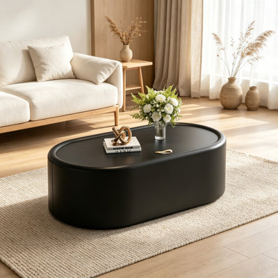 Table basse de rangement ovale cachée 33,46 po - Plateau en verre trempé certifié 3C et cuir noir de qualité supérieure, table basse de rangement moderne pour le salon