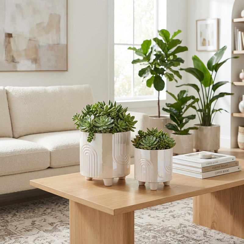 Textured Round Ceramic Footed Outdoor Planters for Home Decor- Elegant Indoor Flower Pots for Living Room Styling - Set of 2, 8", 6", Ivory & Tan