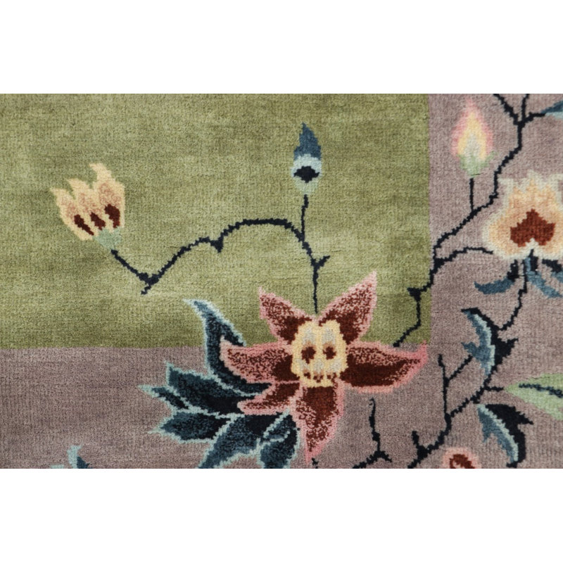 Rug & Kilim’S Chinese Art Deco Runner Rug In Green With Colorful Floral Patterns, Rectangle 9' x 12'