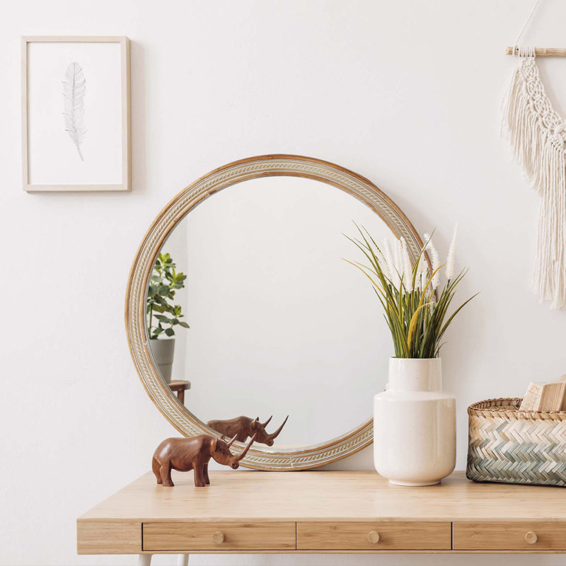 Miroir mural rond rond avec cadre en rotin tissé