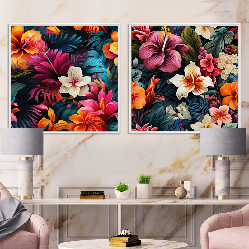 Jungle Splendor - motif tropical - ensemble de 2 collages floraux carrés, H 16 po x l 33 po, Cadre flottant blanc
