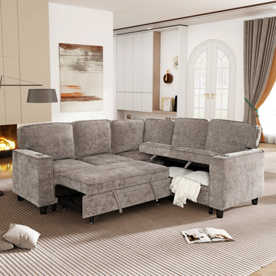 Canapé-lit modulaire en L avec lit escamotable et rangement, canapé-lit 5 places avec chargement USB, conception convertible pour salon, appartement, tissu en velours côtelé, vert olive