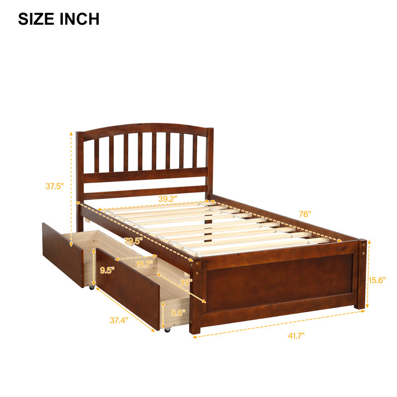 Base de lit plateforme en bois avec deux tiroirs et tête de lit, Noyer