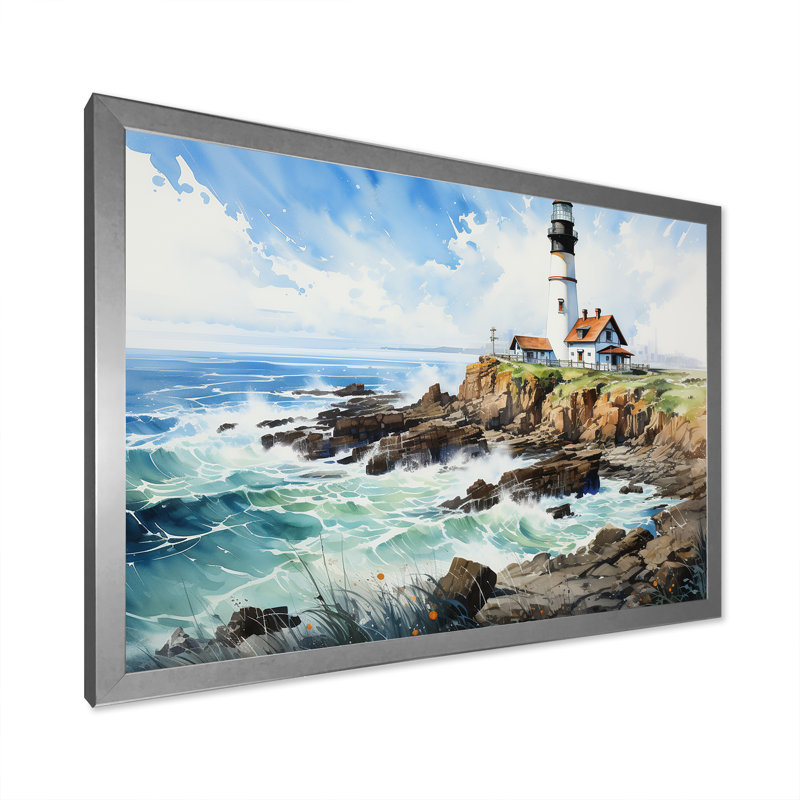 Coastal Light House, paysage sur toile, Cadre simple argenté, H 34 po x l 44 po x P 1,5 po