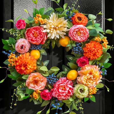 Couronnes de printemps pour la porte d'entrée à l'extérieur, couronne de printemps et d'été de 24 pouces avec pivoine, dahlia, hortensia, faux citrons, baies et verdure, couronne de porte colorée pour la décoration extérieure