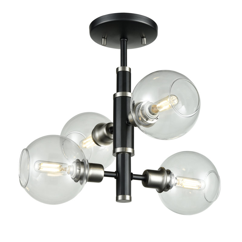 Plafonnier semi-encastré géométrique 13" 4 lumières spoutnik Tavera, Nickel satiné / graphite