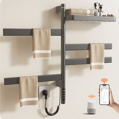 SIOYIE Smart Rotating Heated Towel Rack for Bathroom, 100W Wall-Mounted Electric Towel Dryer with Swivel Bars, 1-24H Timer, 115℉-155℉, Towel Warmer with Wi-Fi App Control, Low Carbon Steel, IPX5, Plug-in/Hardwired, Black