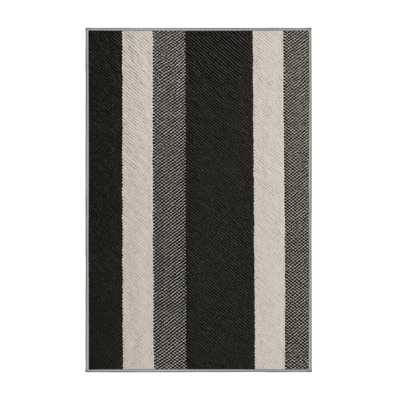 Washable Charcoal Light Gray Striped Area Rug, Square 4'