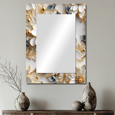 Kennedee Golden White And Blue Flowers Elegance - marble  Large Wall Mirror, Modern Unique Mirror, Printed Metal Art