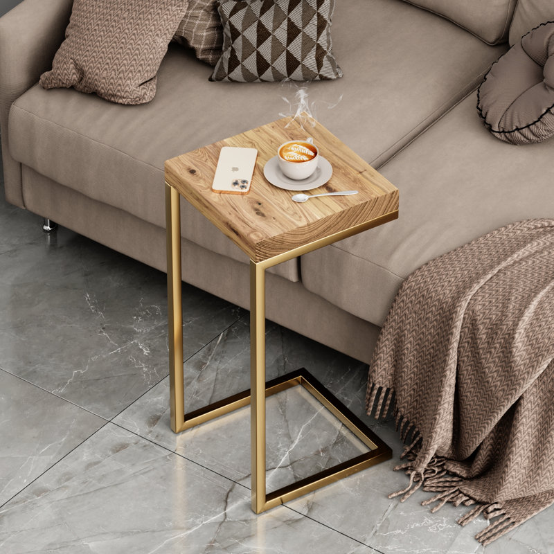 C Shape Rustic Side Table, Aged Oak, Gold