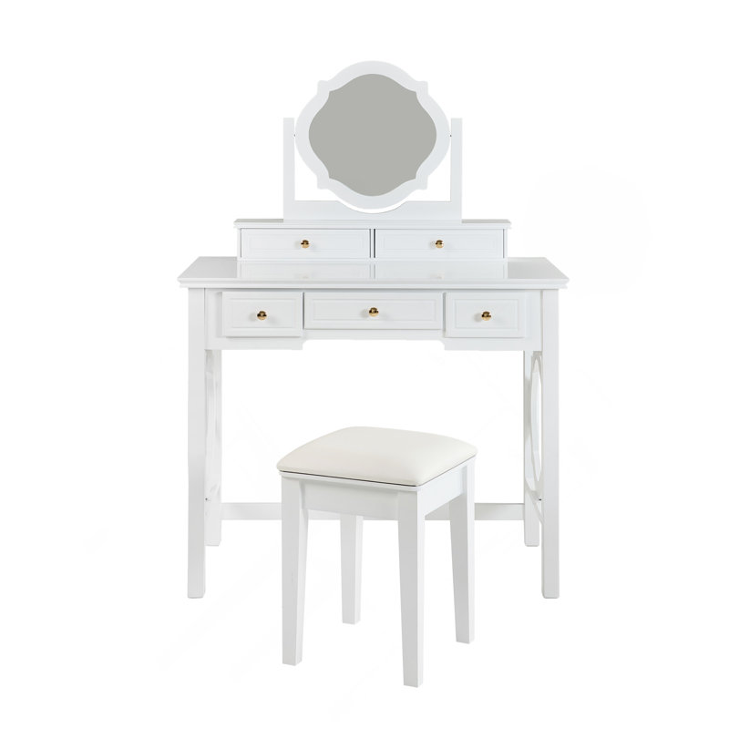 Compact Makeup Vanity Table With Reversible Mirror,Dressing Table Set With Stool,Space-Saving Beauty Station For Small Places,White