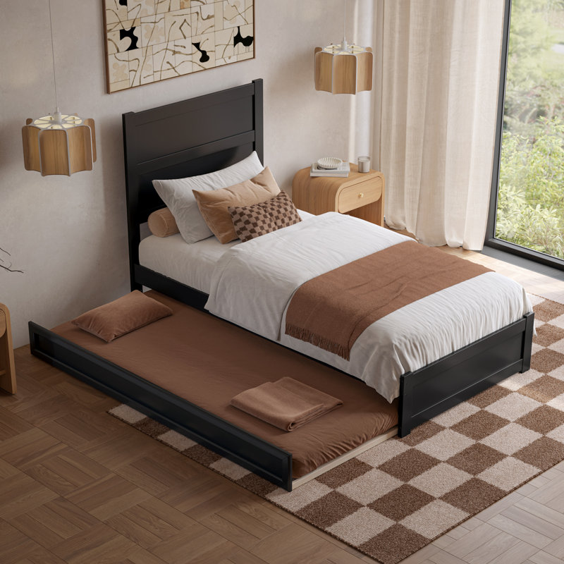 Lit plateforme en bois avec pied de lit et gigogne Aveline, Très grand simple, Noir