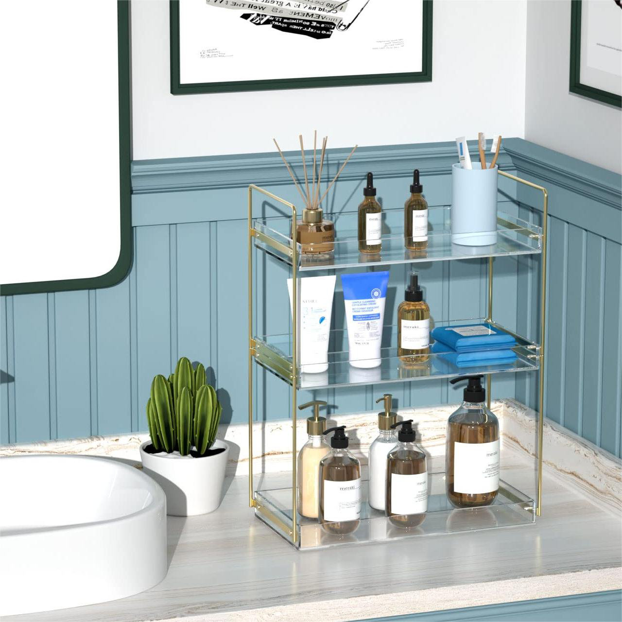 Clear Bathroom Storage Rack For Washbasin Countertop, Desktop Cosmetic  Organizer, Skincare Storage Shelf