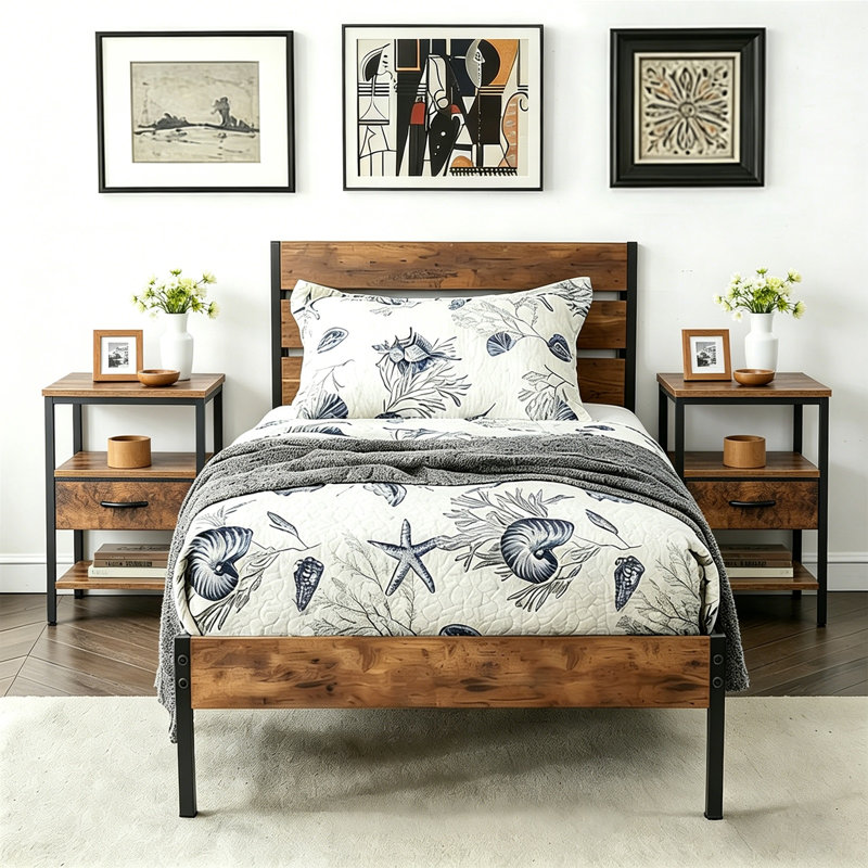 Platform Bed Frame With 2 Charging Nightstands, No Box Spring Needed, Sturdy & Noise-Free, Twin