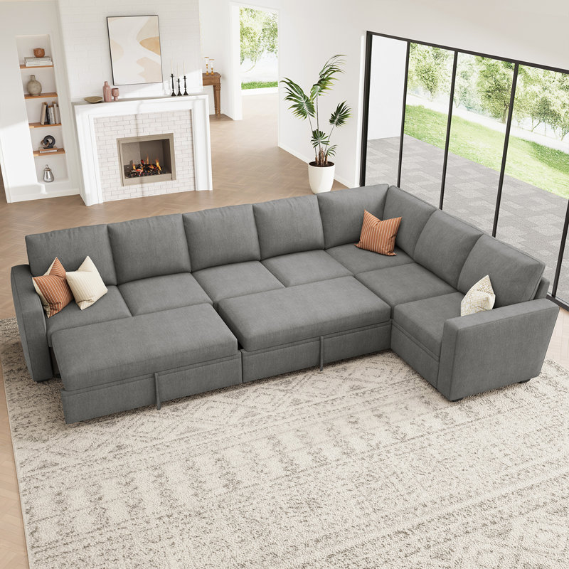 Caren L-shaped Sleeper Sectional Modular Sofa Bed With Storage Seat, Gray Polyester Blend