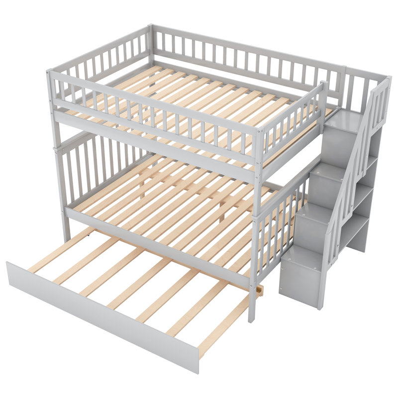 Lit double au-dessus d'un lit superposé gris avec lit gigogne et escalier - Construction en pin, 3 lits, espace de rangement organisé, accès sûr aux escaliers, assemblage facile et construction, option, compartiments, garde-corps,
